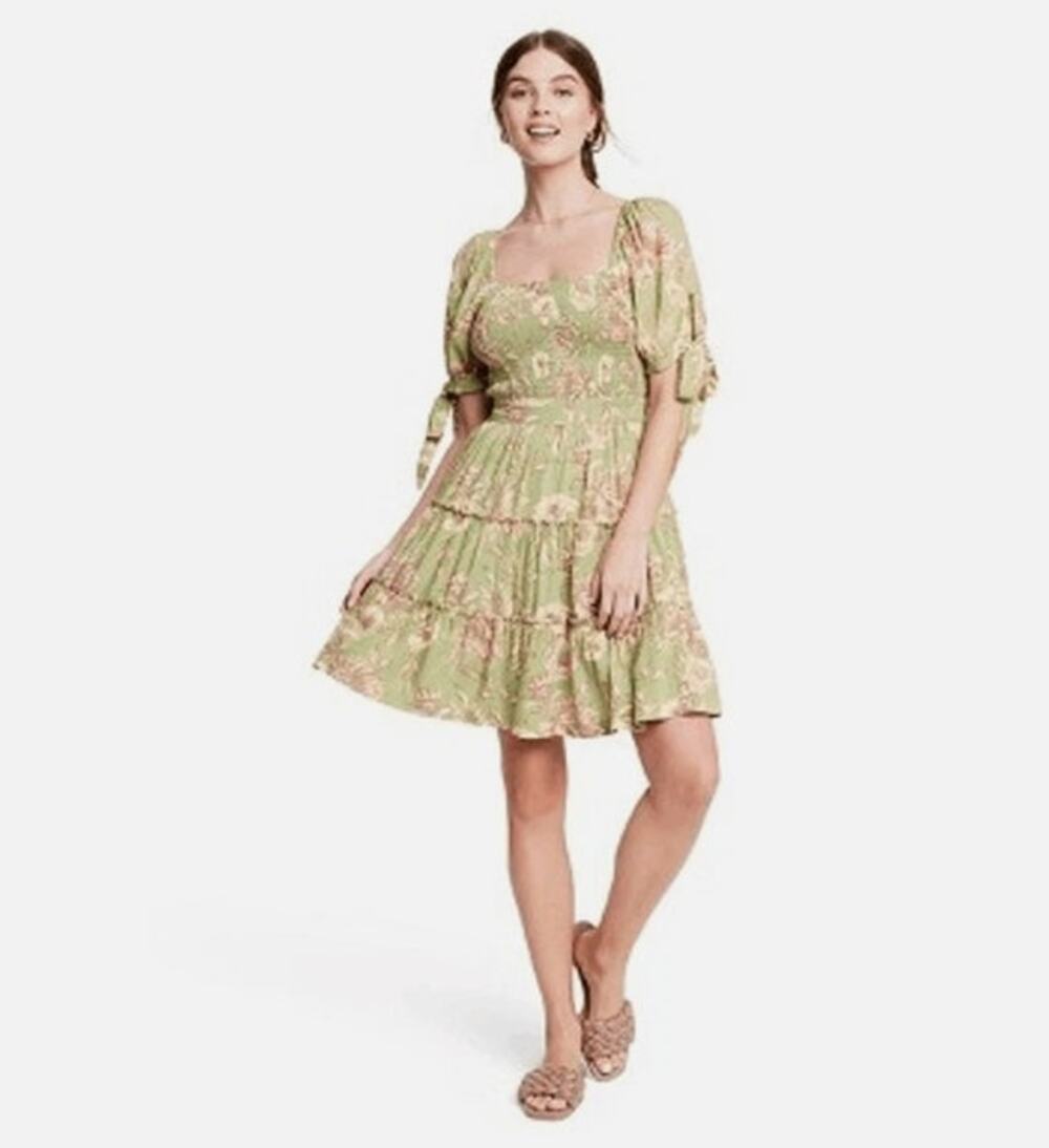 Agua Bendita Target NWT Olive Green Floral Short Puff Sleeves Mini Dress Size XS